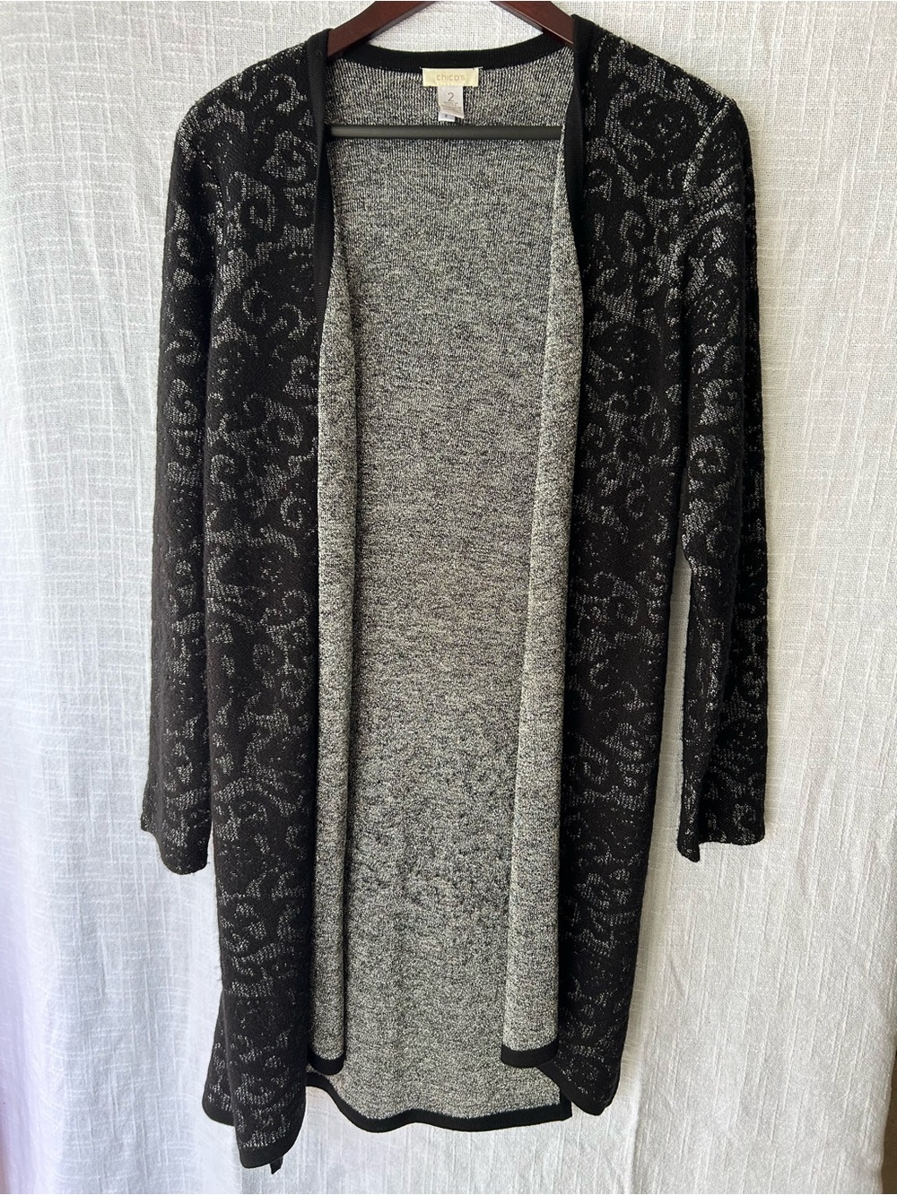 Chico's Black and Gray Open-Front Patterned Long Cardigan